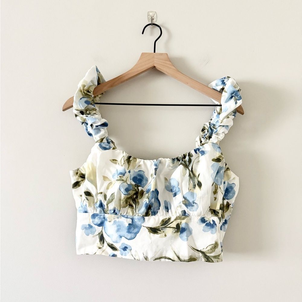 Abercrombie & Fitch Cotton Blend Crop Top in Blue, Green, White Floral - Size L